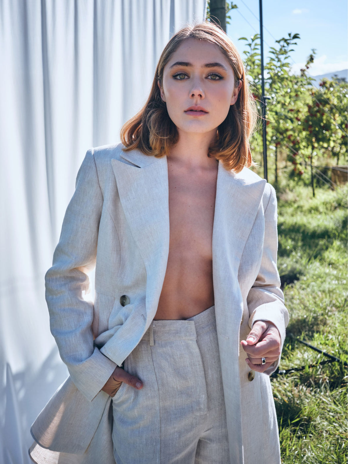 She is Remarkable draped linen blazer dress
