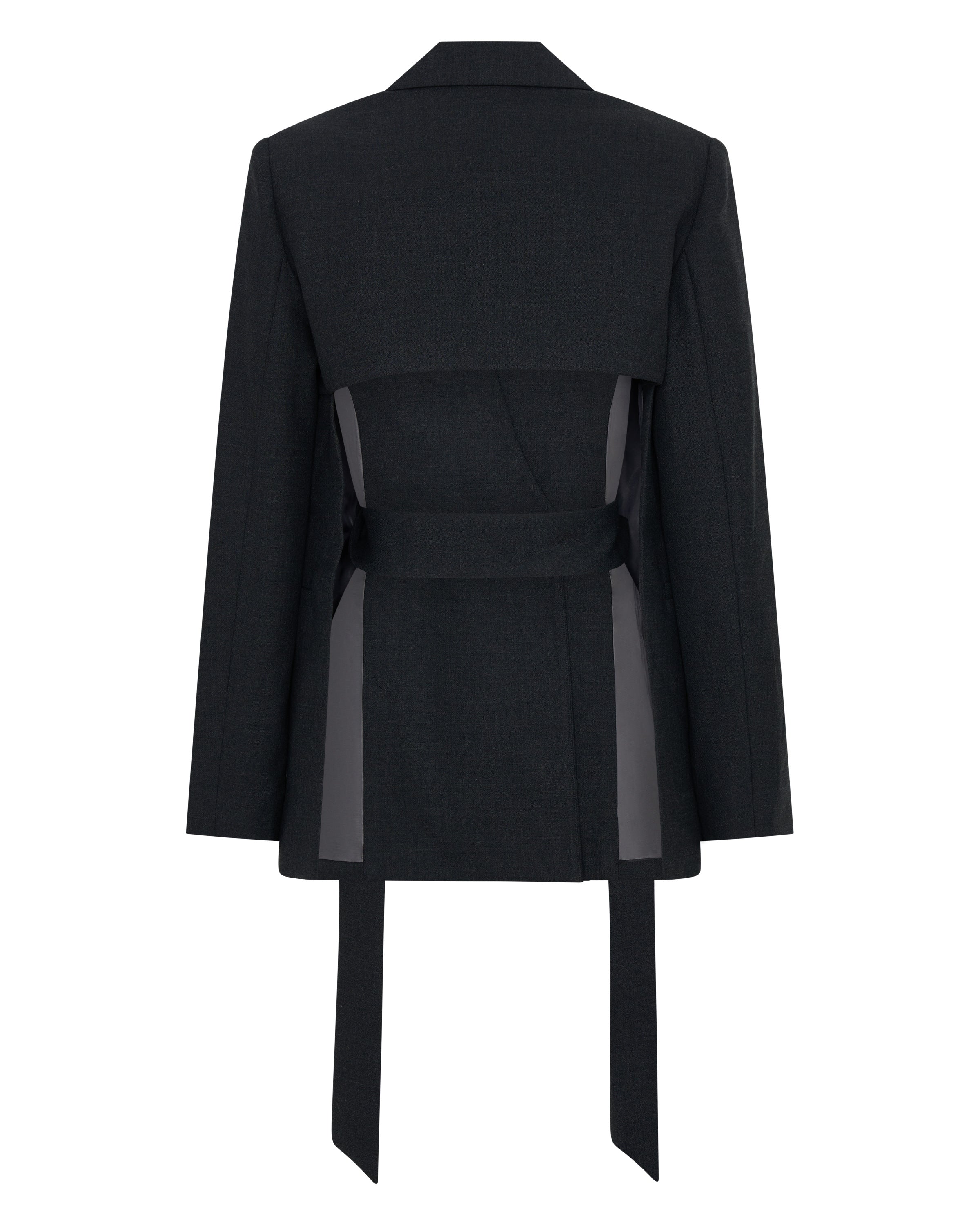 She is Eloquent open back wool blazer