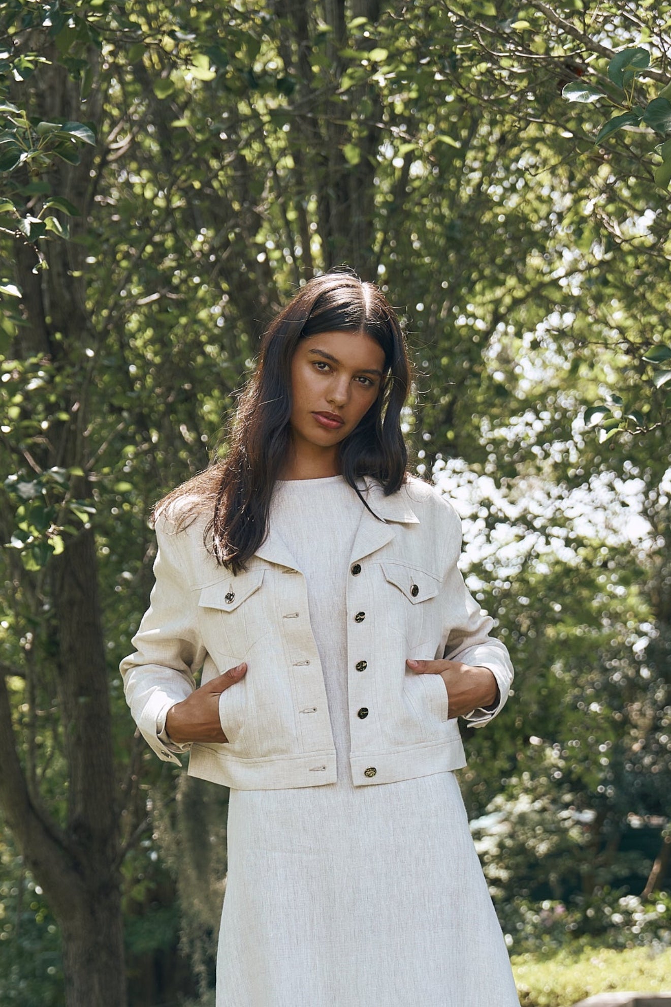 linen trucker jacket with gold buttons