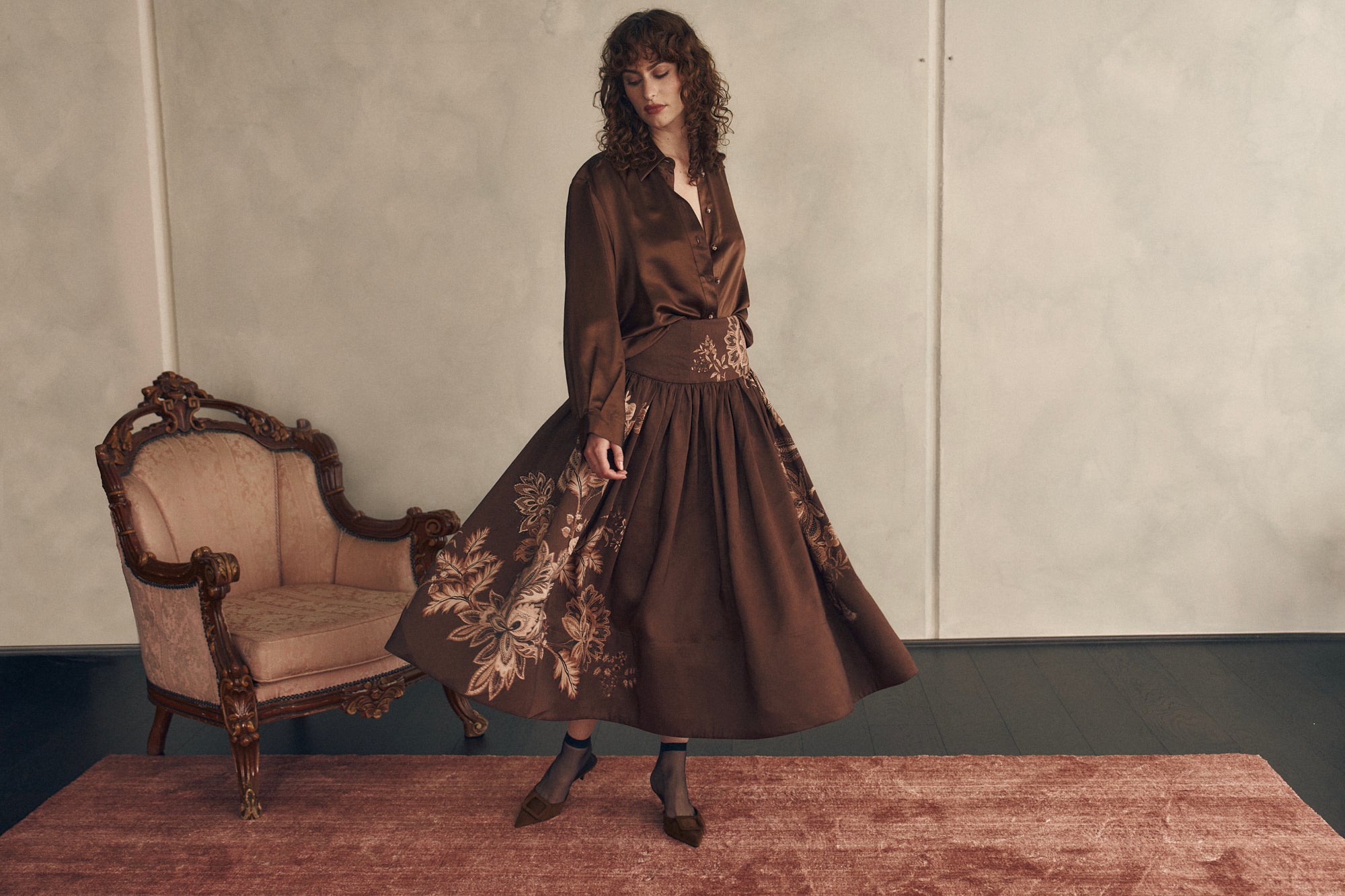 Australian designer: silk satin chocolate shirt and full premium winter skirt. Luxury fashion, winter wedding outfit