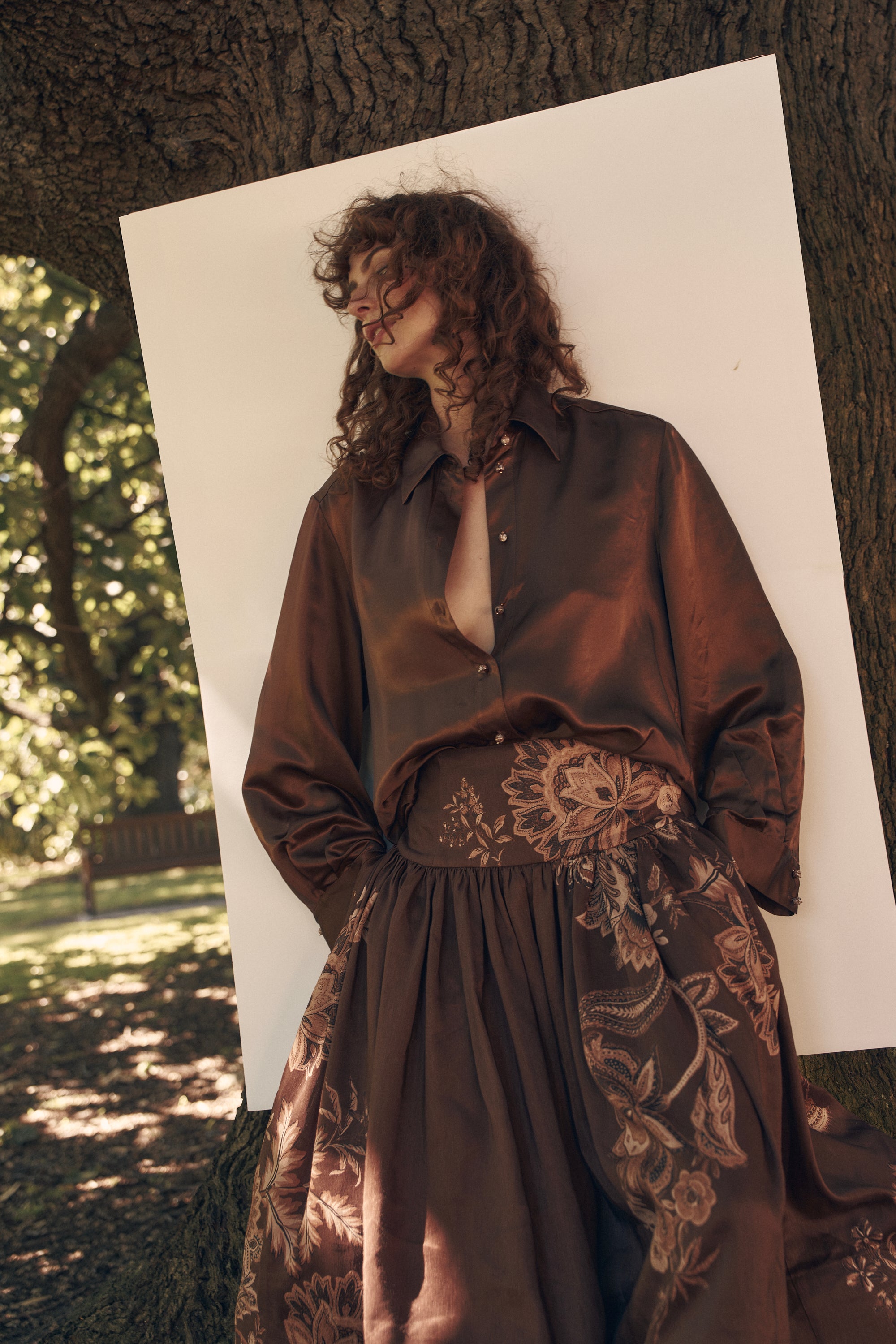 Australian designer: silk satin chocolate shirt and full premium winter skirt. Luxury fashion, winter wedding outfit